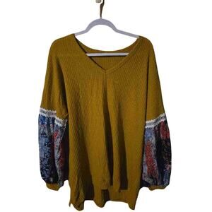 Miholl Women's Mustard Waffle Knit Floral Lace Balloon Sleeve V-Neck Top XXL